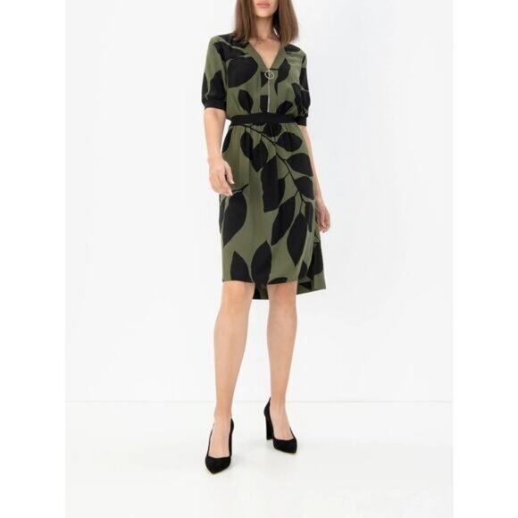 TED BAKER Telavee Maple Swirl Zip Front Dress In Khaki Size 4 - Picture 4 of 12